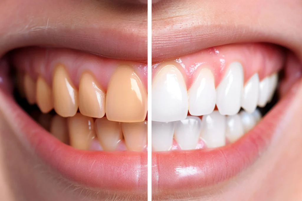 Before and after: Smile transformation after teeth whitening procedure in Chicago.