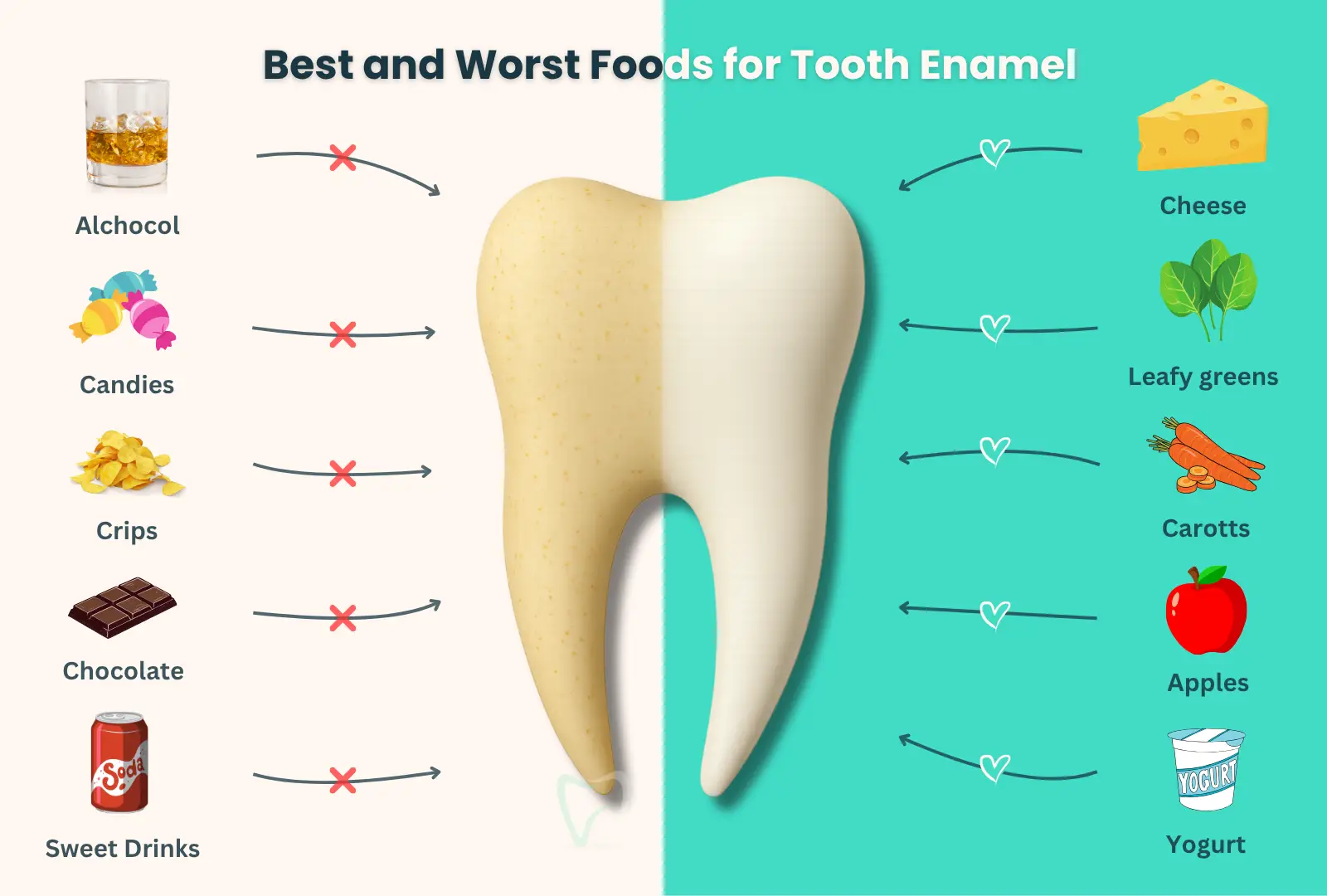 Infographic of enamel-strengthening foods and how to strengthen teeth.