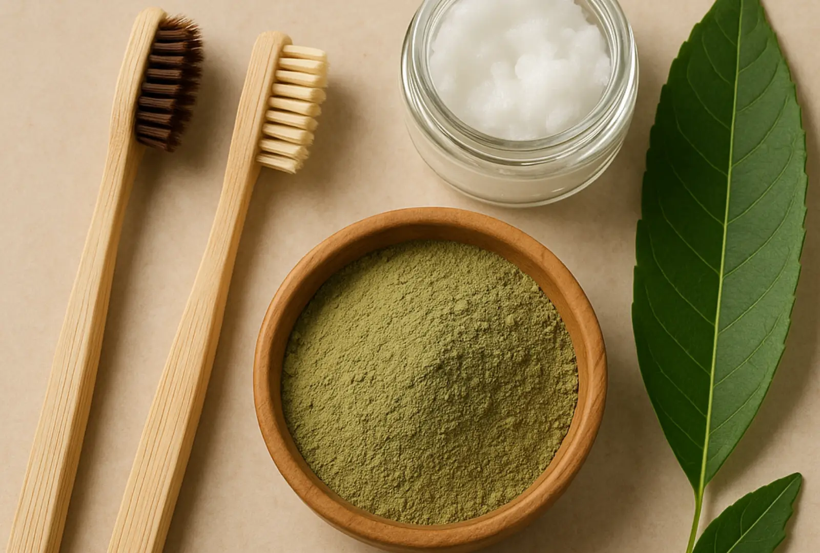 Natural dental care products like bamboo toothbrush, neem powder, and coconut oil for holistic oral hygiene