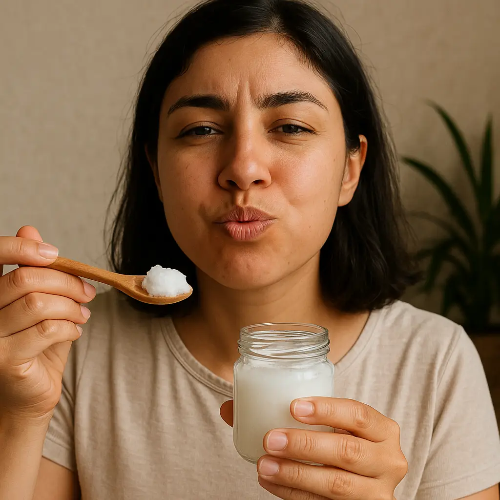Performing oil pulling with coconut oil for natural dental care and better gum health